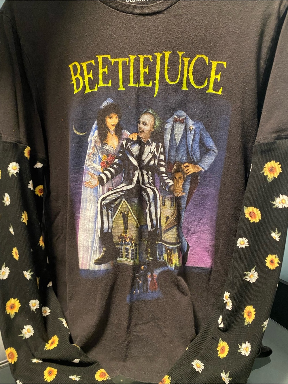 Upcycled floral sleeves Beetlejuice top